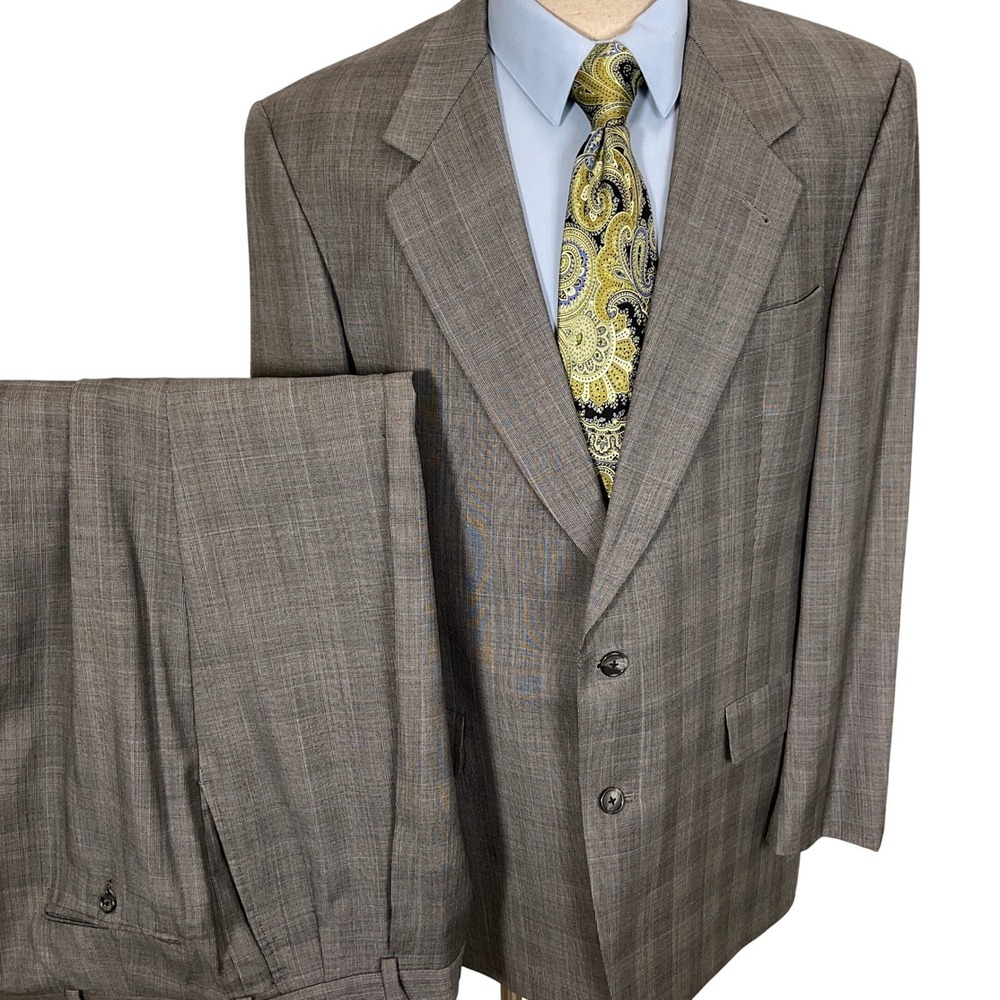 Hart Schaffner Marx Suit Mens 42L 34W 30L Gray Blue Plaid Gold Trumpeter USA VTG